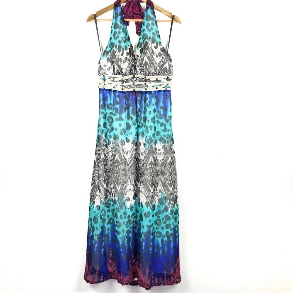 2b bebe Womens Mixed Animal Print Studded Halter Maxi Dress Blue Teal Medium